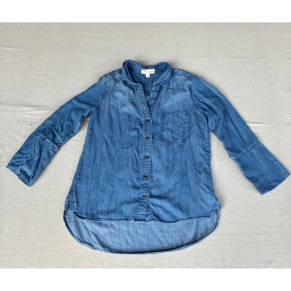 Cloth & Stone Tencel Chambray Button Down Shirt Womens Small Blue High Low Hem - Picture 3 of 11